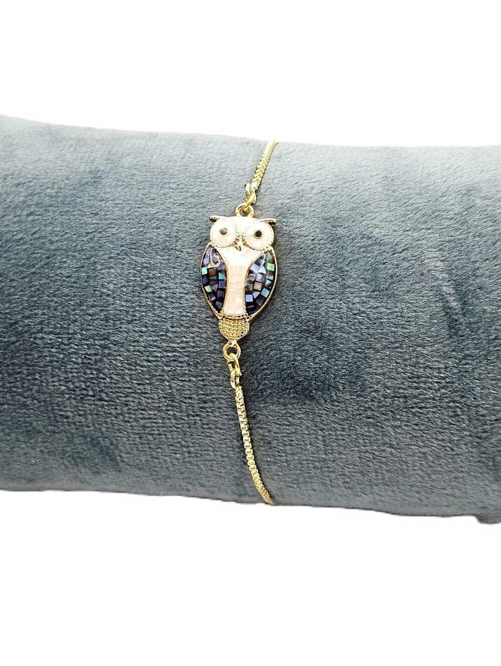 Gold-Plated Owl Bracelet - Abalone Inlay - Spirit Animal Jewelry - Adjustable